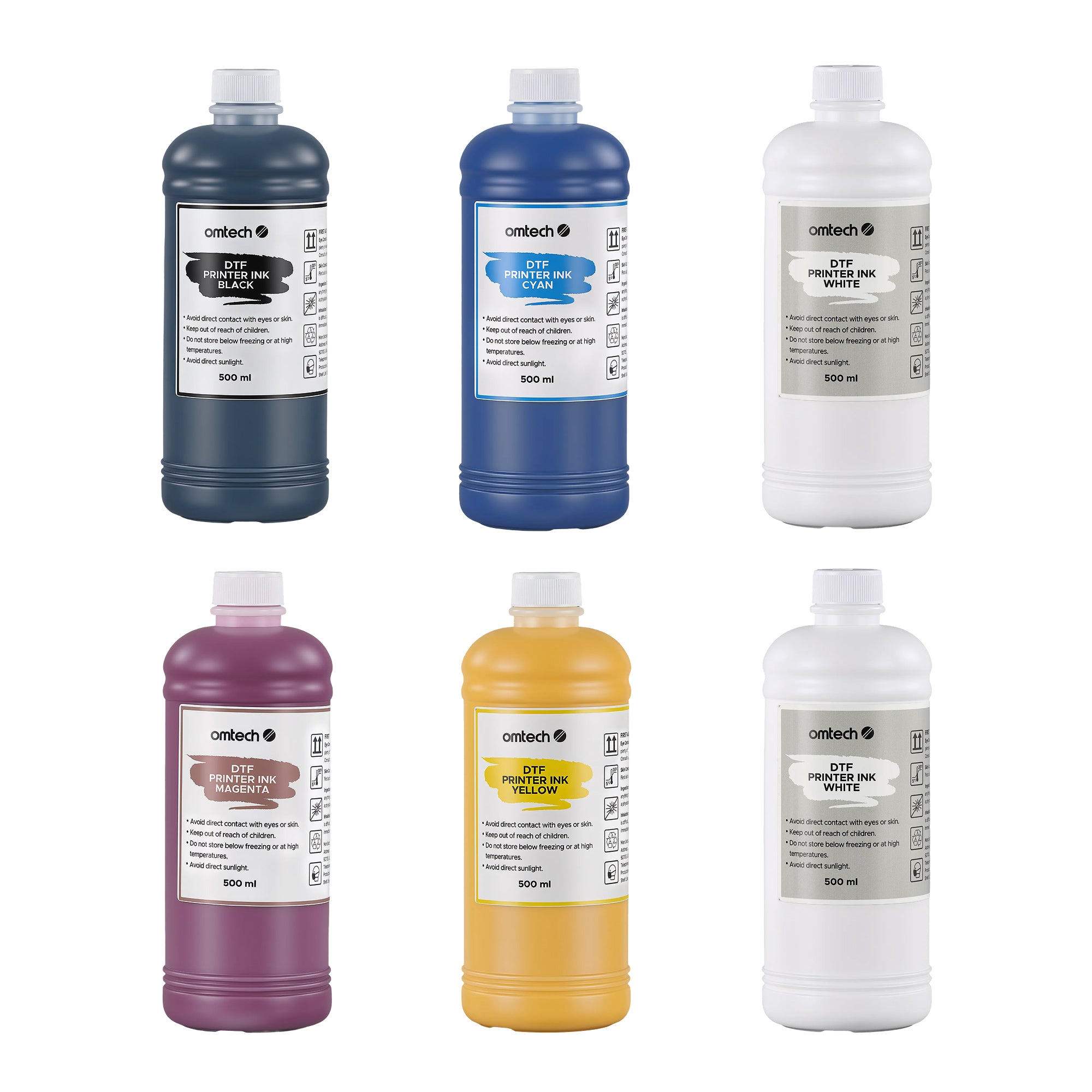 Set da 6 flaconi di inchiostro DTF OMTech, kit di ricarica CMYKWW (6 × 500 ml) per stampa su pellicola di trasferimento termico