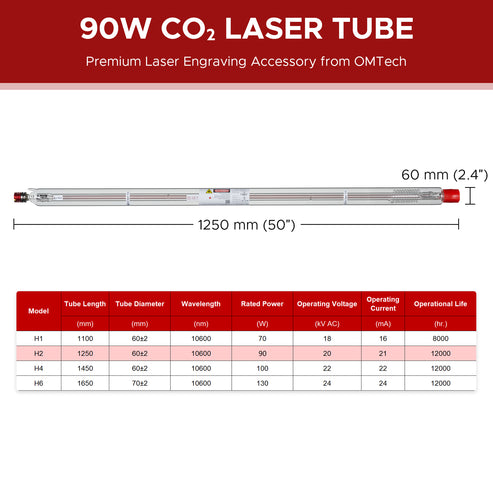 Tubo laser CO2 da 90W per incisori e taglierine laser | YL-90