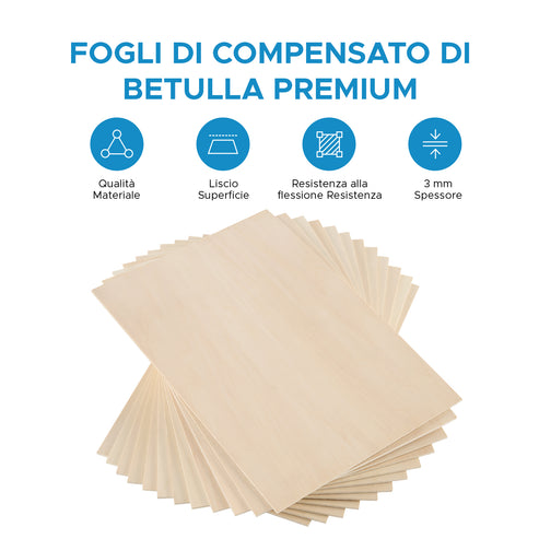 10 Fogli di Legno di Compensato per Incisione Taglio Laser per Progetti Fai da Te - Betulla Premium