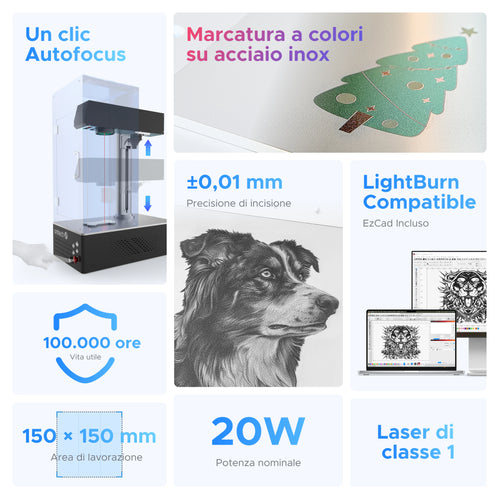 OMTech 20W Incisore laser di MOPA JPT per marcatura a colori di metalli, Autofocus | M20C