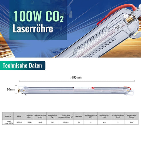 Tubo laser CO2 da 100W per incisori e tagliatori laser | 0100