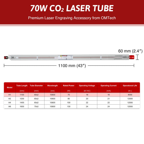 Tubo laser CO2 da 70W per incisori e tagliatori laser | YL-70