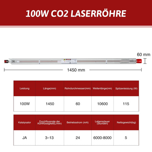 Tubo laser CO2 da 100W per macchina e taglierina per incisione laser | YL-100